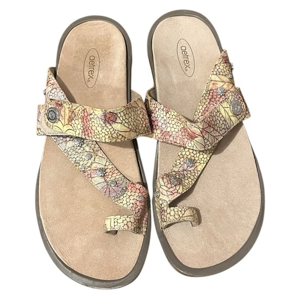 Aetrex Shoes - AETREX Izzy Adjustable Slide Sandals Rose Cream Gold Snakeskin Silvertone Studs